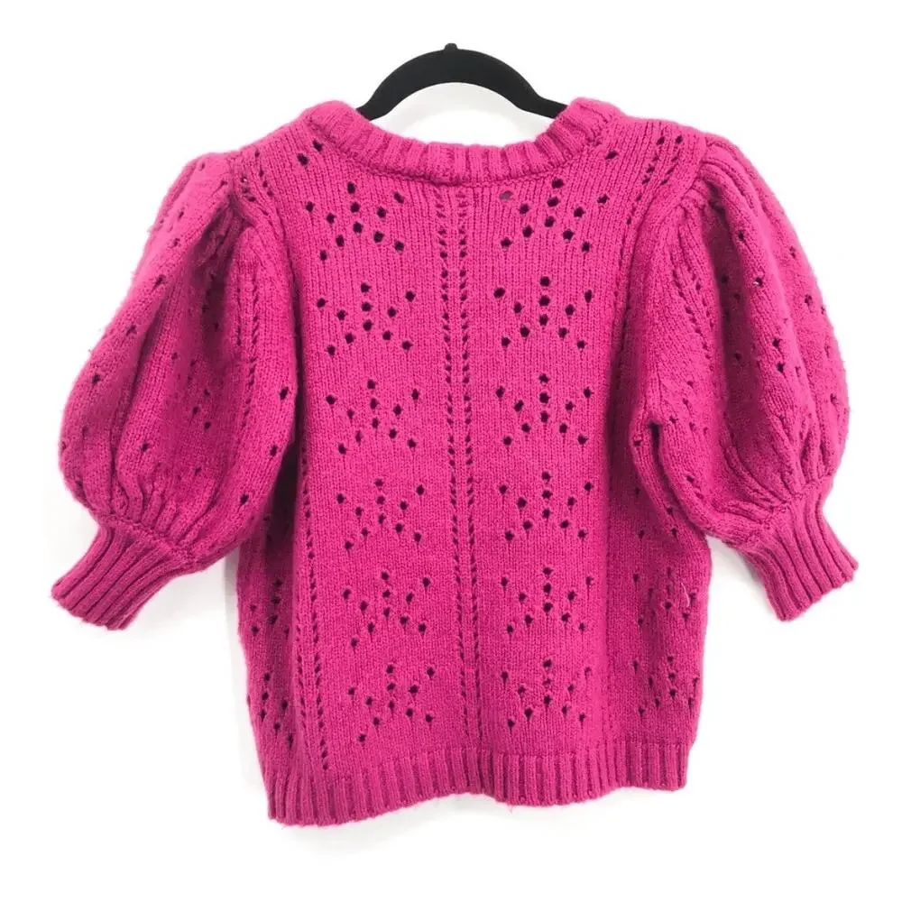 For Love and Lemons Brooke Puff Sleeve Pointelle Knit Sweater Juice Pink MEDIUM